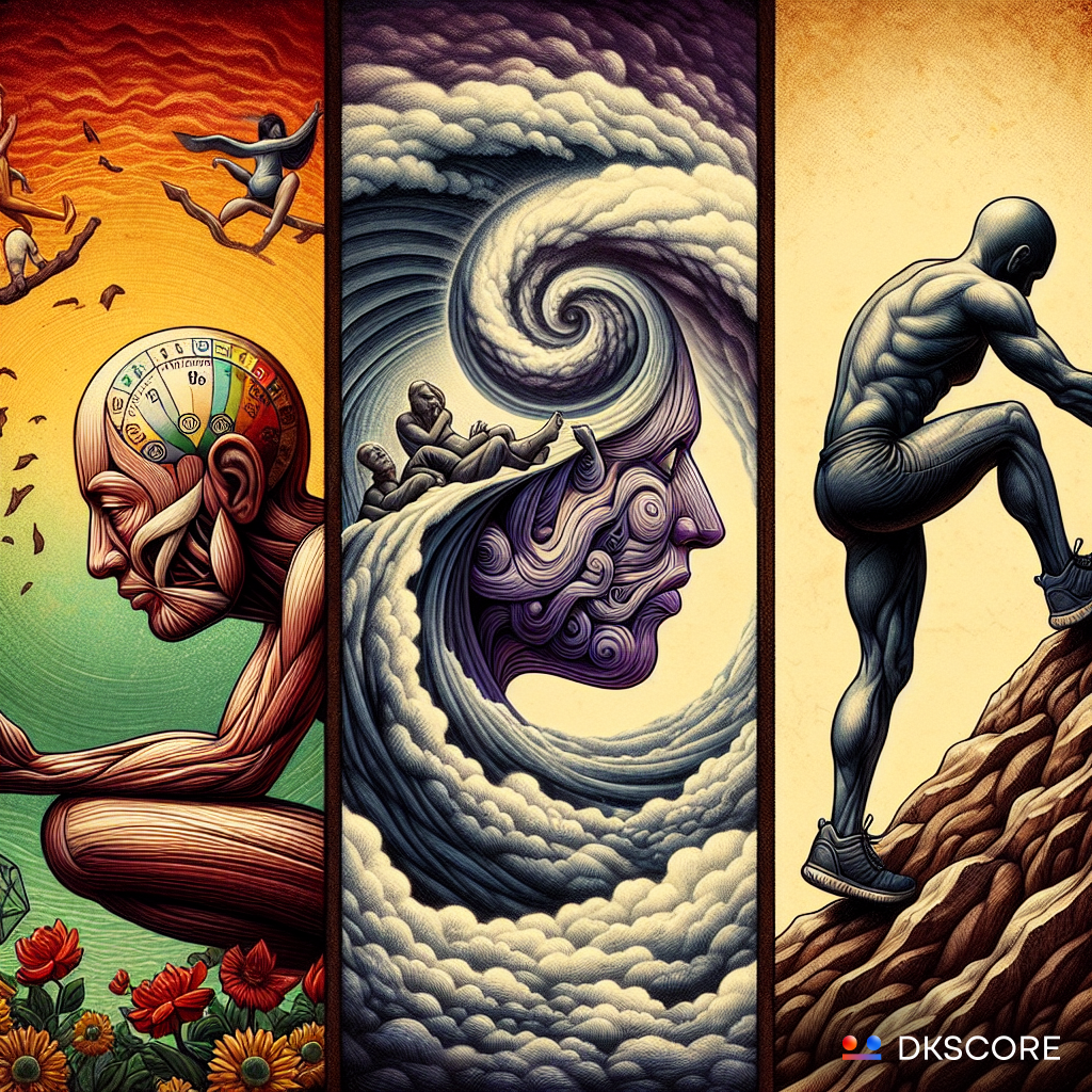 An_illustration_depicting_the_three_phases_of_Sadhe_Saati:_on_the_left,_a_contemplative_figure_with_a_serene_expression,_symbolizing_mental_and_psychological_balance;_in_the_center,_a_chaotic_swirl_of_dark_clouds_and_vivid_colors_representing_emotional_turbulence;_and_on_the_right,_a_pair_of_weary_legs_ascending_a_steep_mountain,_signifying_physical_exhaustion_and_financial_burdens.