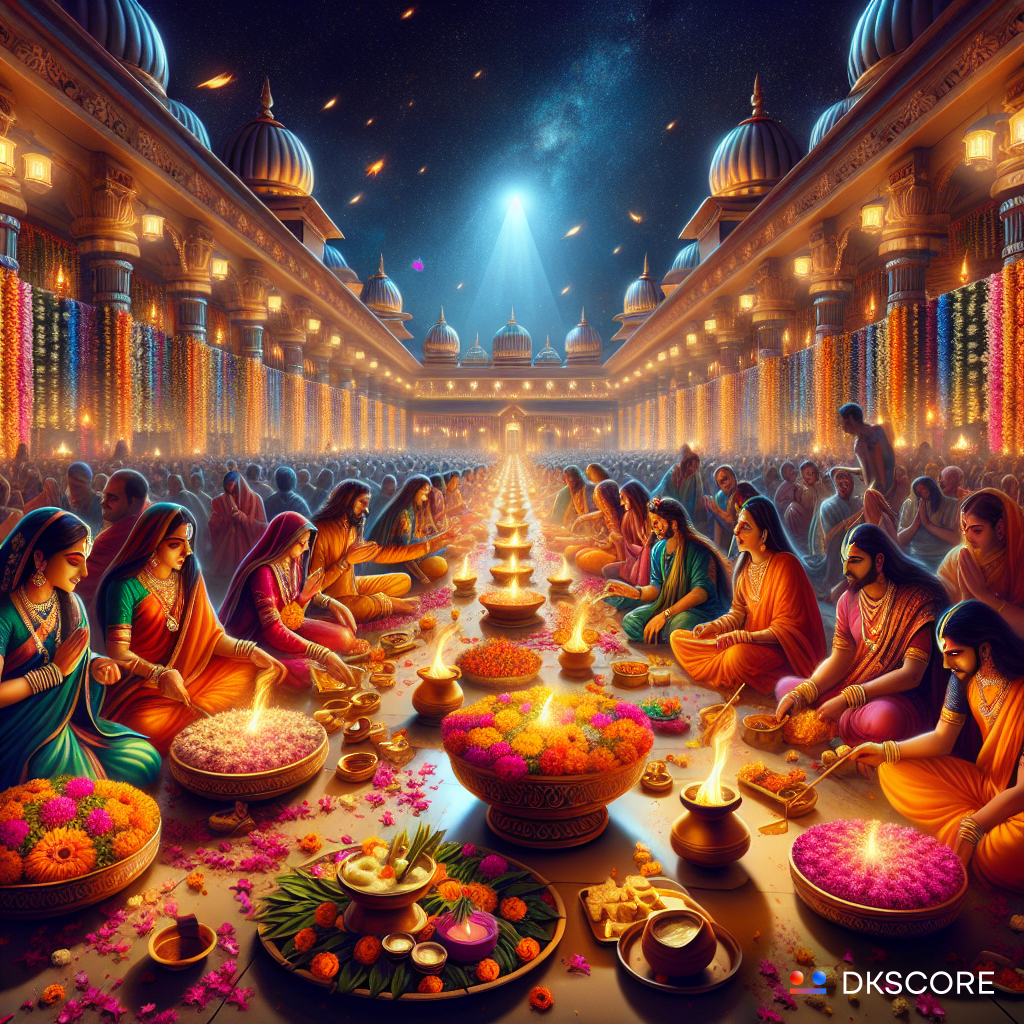 A_lively_and_spiritual_scene_of_Janmashtami_celebrations_captured_at_midnight._Devotees_are_gathered_at_a_beautifully_adorned_temple,_participating_in_sacred_rituals._They_are_surrounded_by_tulsi_leaves,_butter,_and_colorful_flowers,_all_under_a_breathtaking_starry_sky._The_image_conveys_a_sense_of_devotion_and_festivity,_highlighting_the_cultural_and_religious_significance_of_the_occasion.